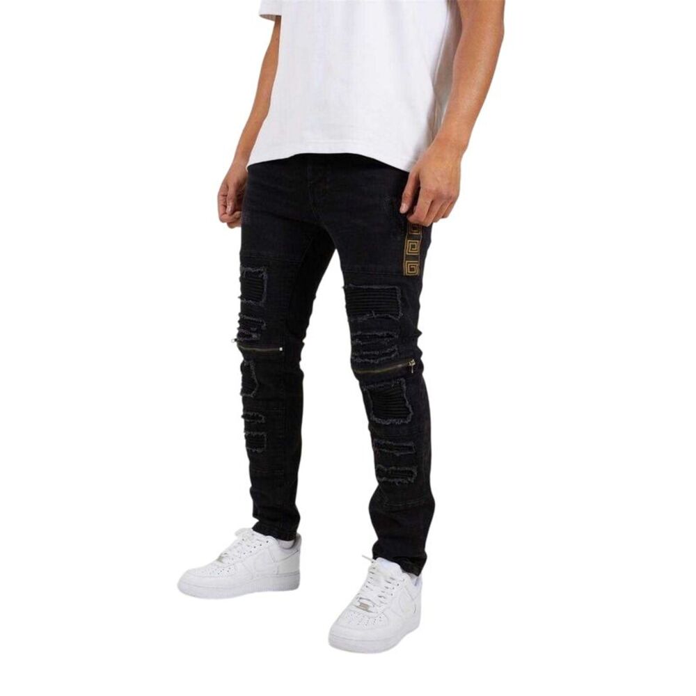 Brave Soul Mens Biker Stitched Skinny Jeans / Charcoal Wash